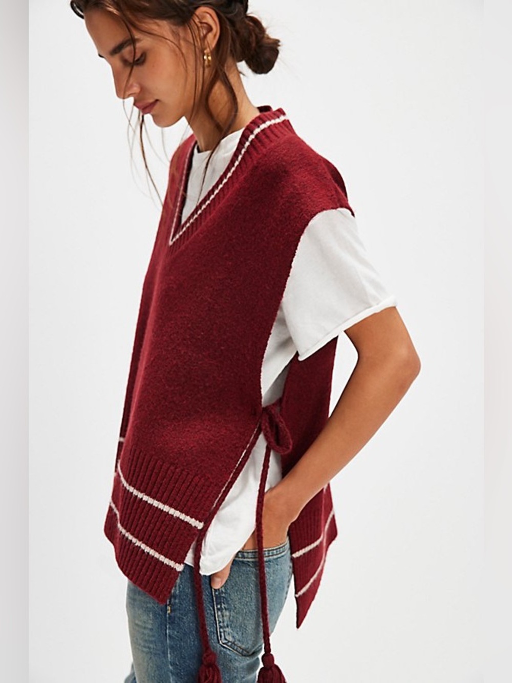 NWT FREE PEOPLE All Star Stripe Poncho | Red MSRP $68 OS